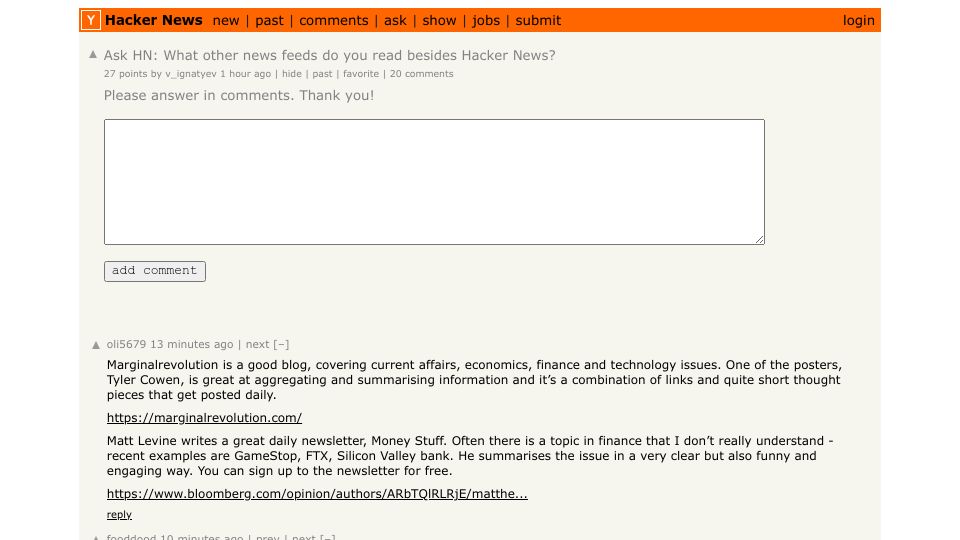 Screenshot of Hacker News post: Ask HN: What other news feeds do you read besides Hacker News?