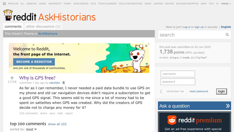 Screenshot of old.reddit.com: Why Is GPS Free?