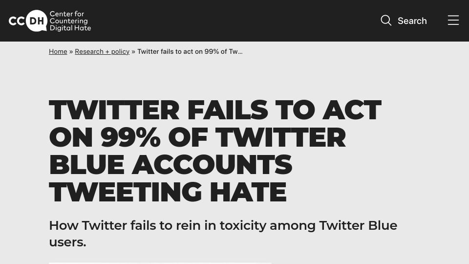Screenshot of counterhate.com: Twitter fails to act on 99% of Twitter Blue accounts tweeting hate