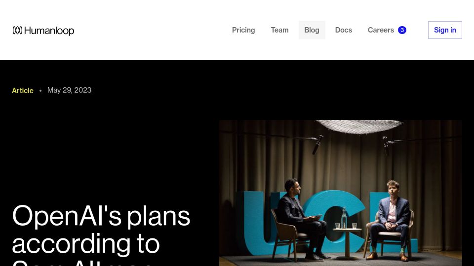 Screenshot of humanloop.com: OpenAI's plans according to Sam Altman removed at OpenAI's request