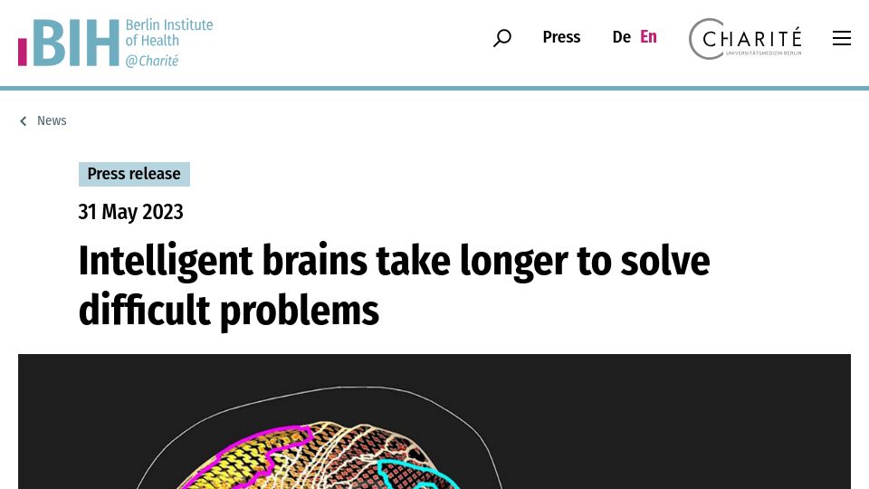 Screenshot of bihealth.org: Intelligent Brains Take Longer to Solve Difficult Problems