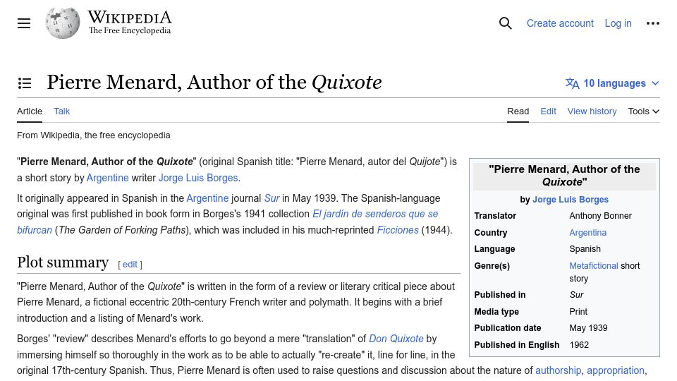 Screenshot of en.wikipedia.org: Pierre Menard, Author of the Quixote