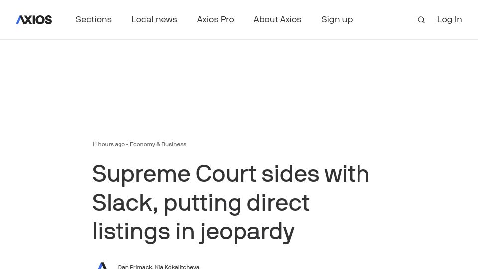 Screenshot of axios.com: Supreme Court sides with Slack, putting direct listings in jeopardy