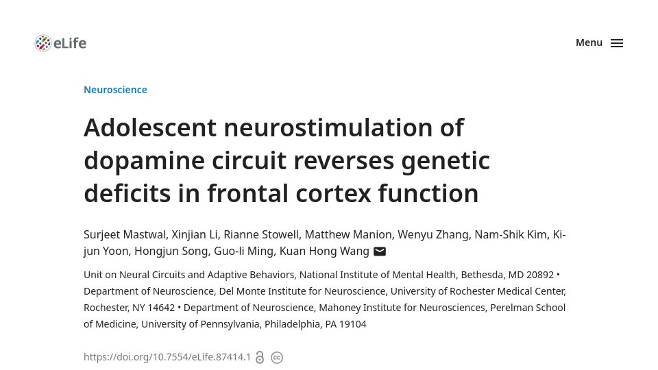Screenshot of elifesciences.org: Teen neurostimulation of dopamine circuit reverses genetic deficits in PF cortex