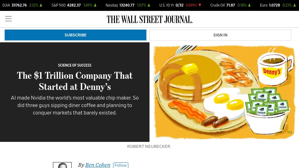 Screenshot of wsj.com: Nvidia Started in a Denny’s. Now It’s Worth $1T