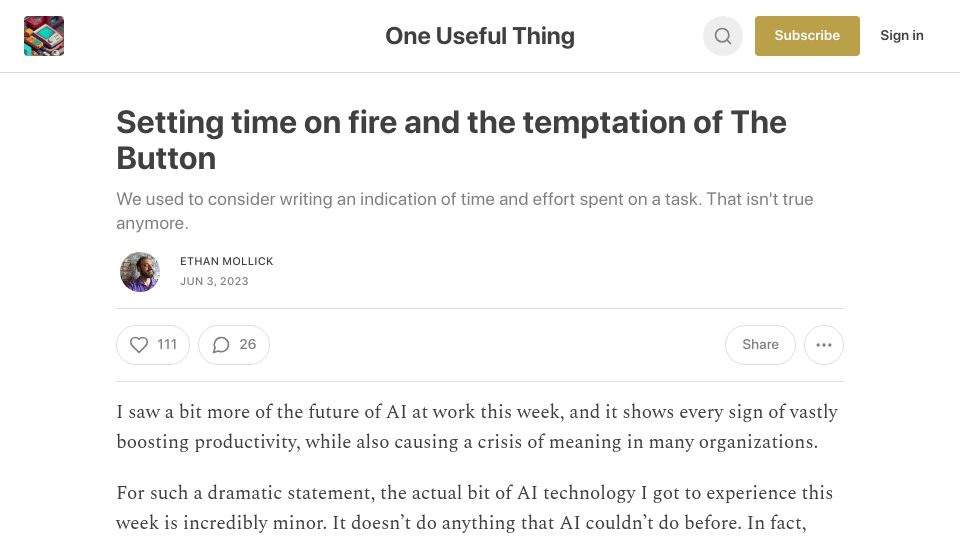 Screenshot of oneusefulthing.org: Setting time on fire and the temptation of The Button