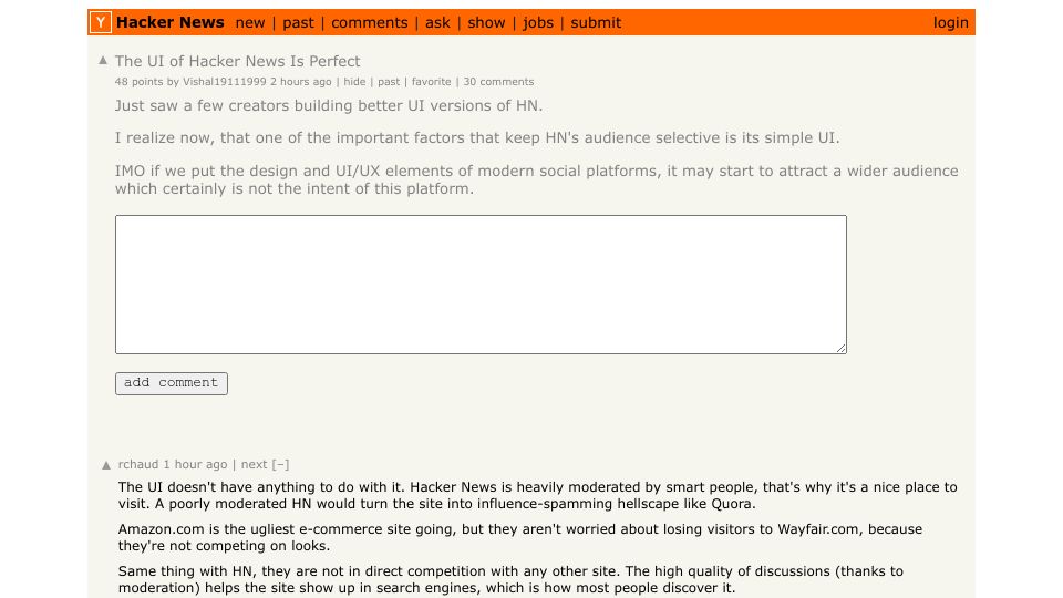 Screenshot of Hacker News post: The UI of Hacker News Is Perfect