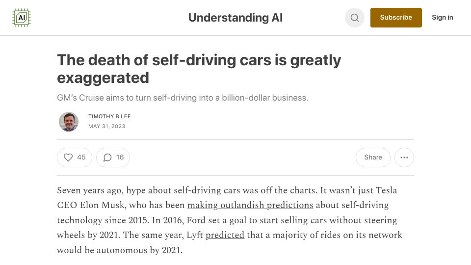 Screenshot of understandingai.org: The death of self-driving cars is greatly exaggerated