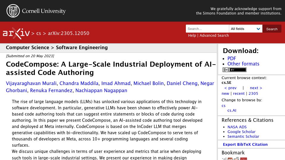 Screenshot of arxiv.org: CodeCompose: A large-scale industrial deployment of AI-assisted code authoring