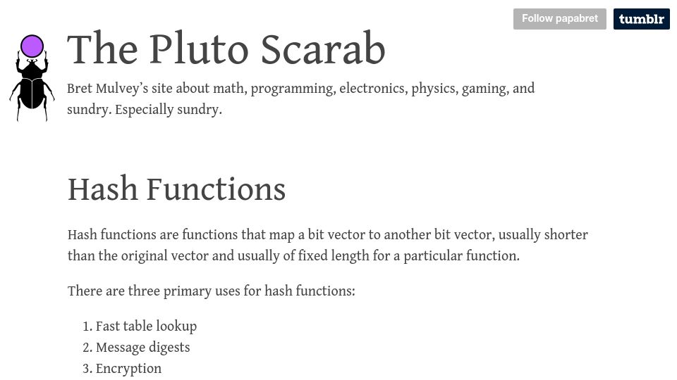 Screenshot of papa.bretmulvey.com: Hash Functions