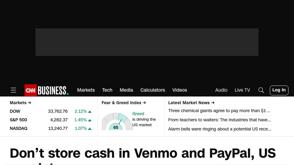 Screenshot of cnn.com: Don’t store cash in Venmo and PayPal, US regulator warns
