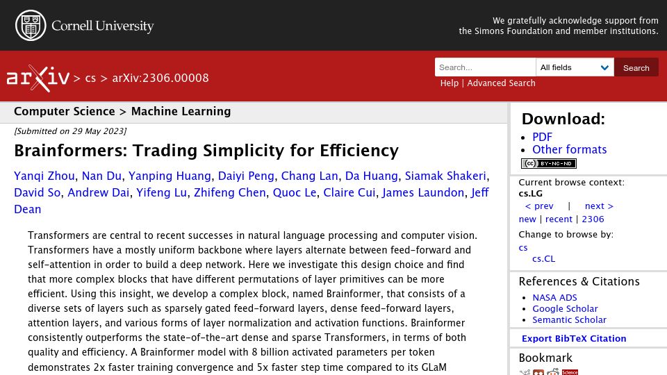 Screenshot of arxiv.org: Brainformers: Trading Simplicity for Efficiency