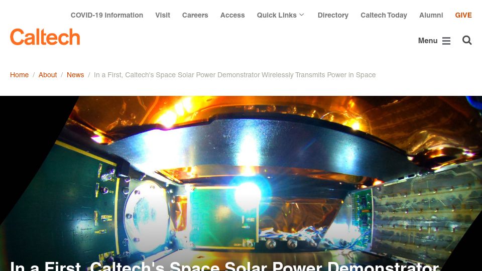 Screenshot of caltech.edu: Caltech's Space Solar Power Demonstrator Wirelessly Transmits Power in Space