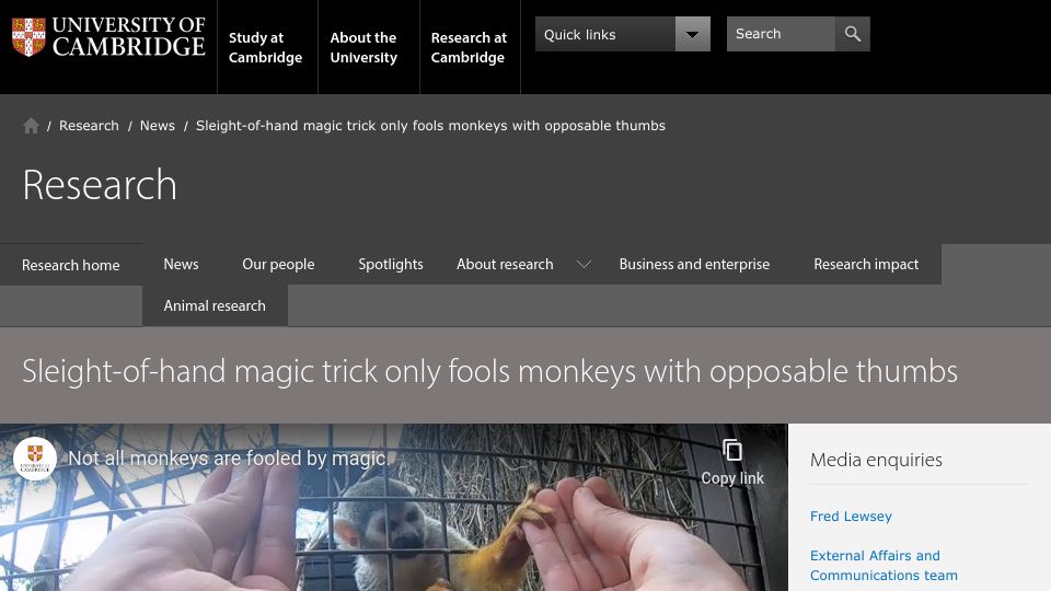 Screenshot of cam.ac.uk: Sleight-of-hand magic trick only fools monkeys with opposable thumbs