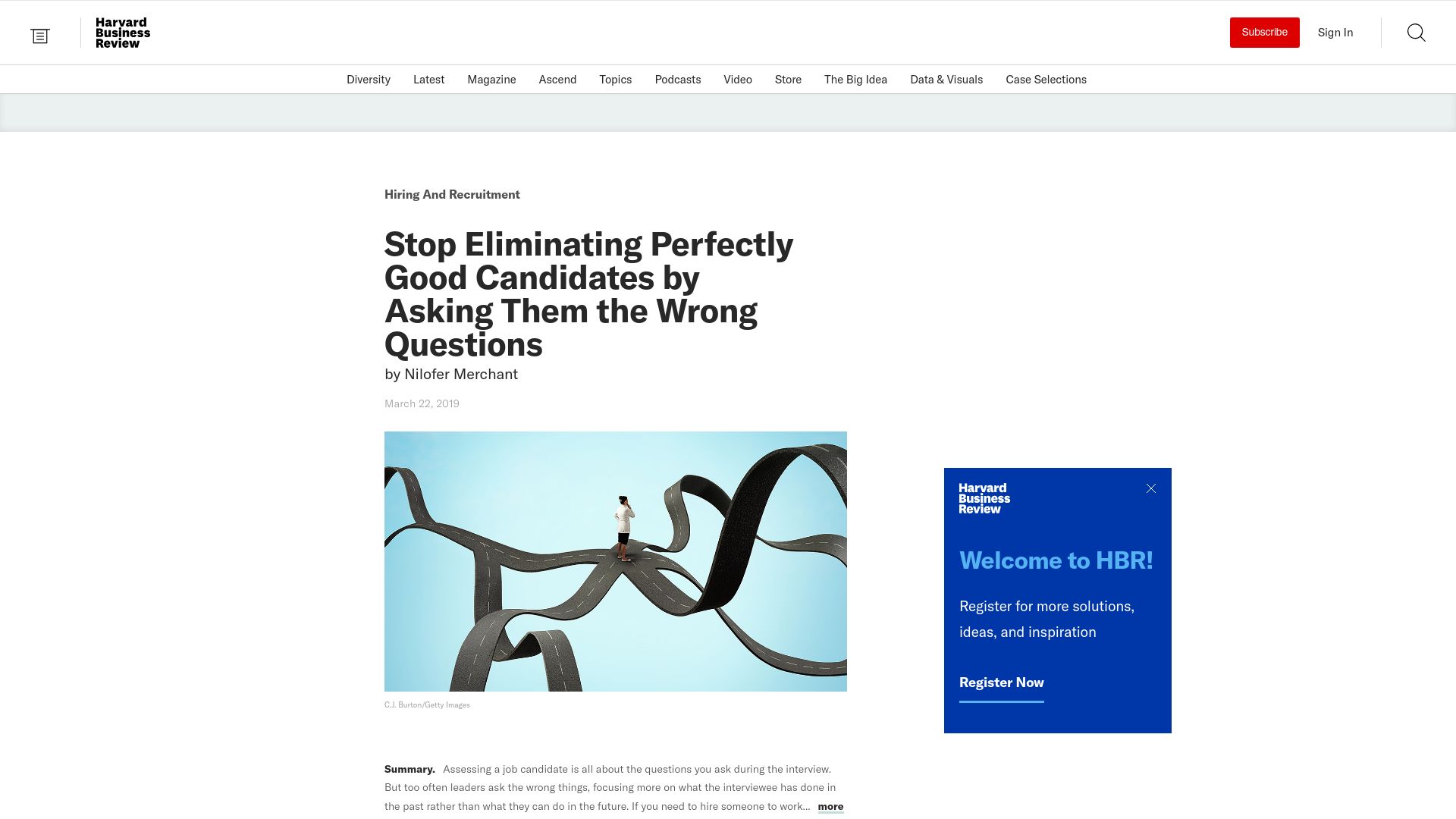 Screenshot of hbr.org: Stop Eliminating Perfectly Good Candidates by Asking Them the Wrong Questions