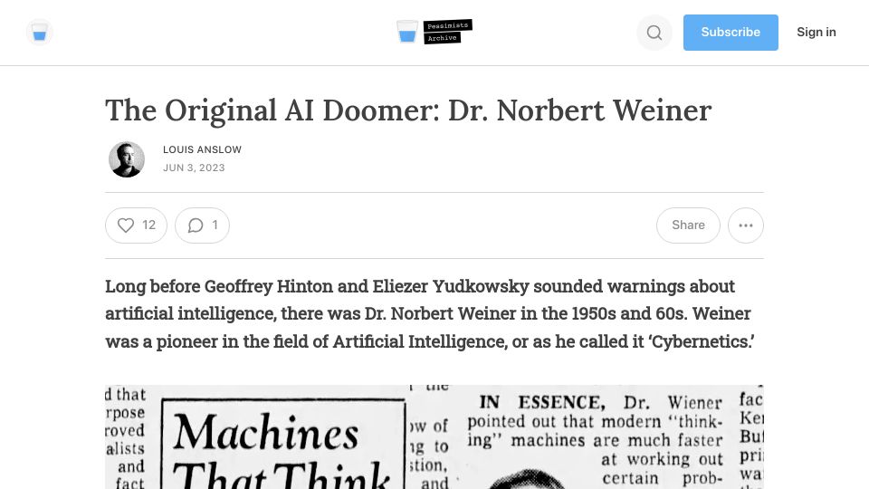 Screenshot of newsletter.pessimistsarchive.org: The Original AI Doomer: Dr. Norbert Wiener
