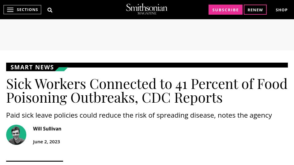 Screenshot of smithsonianmag.com: Sick Workers Connected to 41 Percent of Food Poisoning Outbreaks, CDC Reports