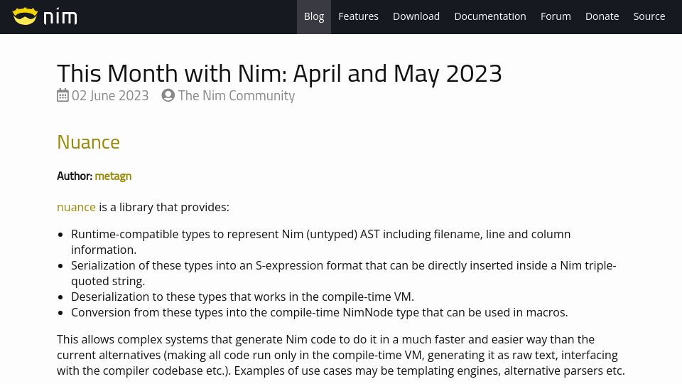 Screenshot of nim-lang.org: This Month with Nim: April and May 2023