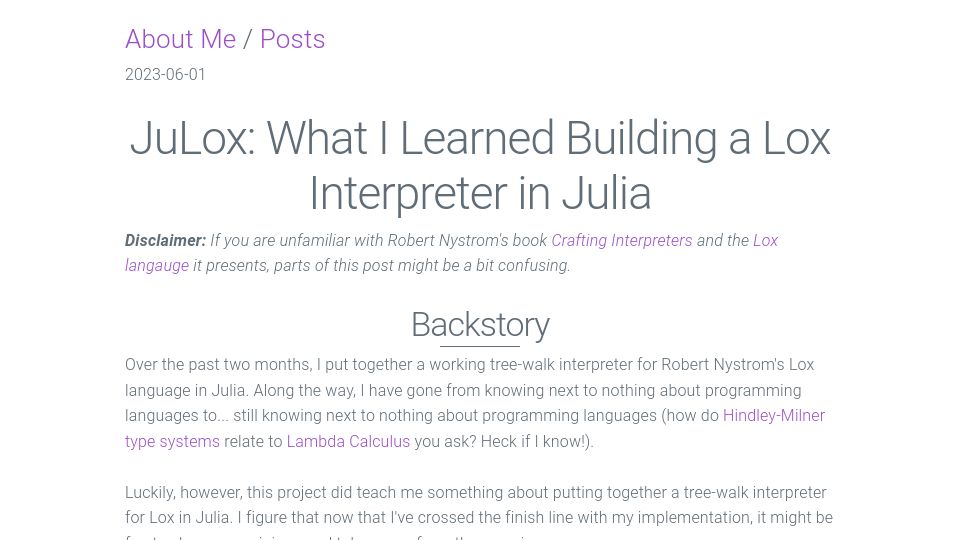 Screenshot of lukemerrick.com: Building a Lox Interpreter in Julia