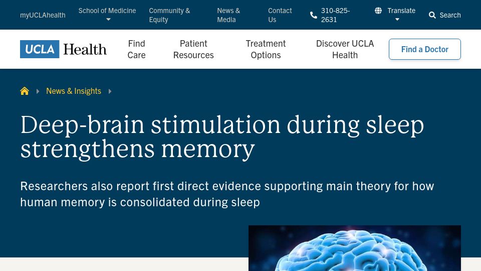 Screenshot of uclahealth.org: Deep-brain stimulation during sleep strengthens memory: study