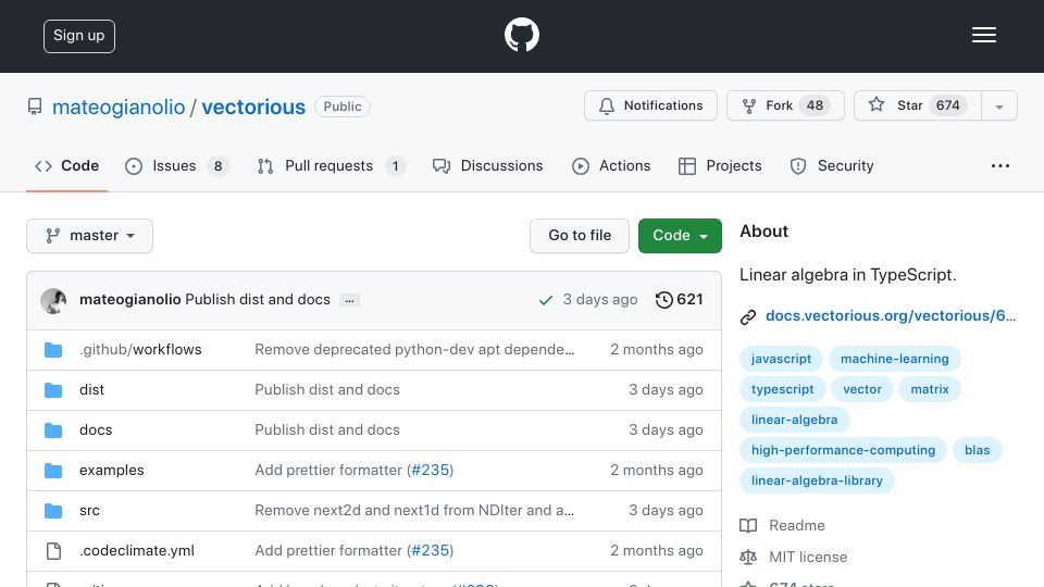 Screenshot of github.com: Vectorious: BLAS-accelerated linear algebra for TypeScript