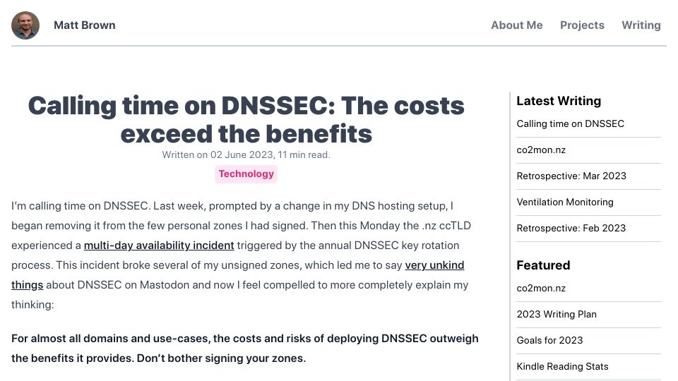 Screenshot of mattb.nz: Calling time on DNSSEC: The costs exceed the benefits