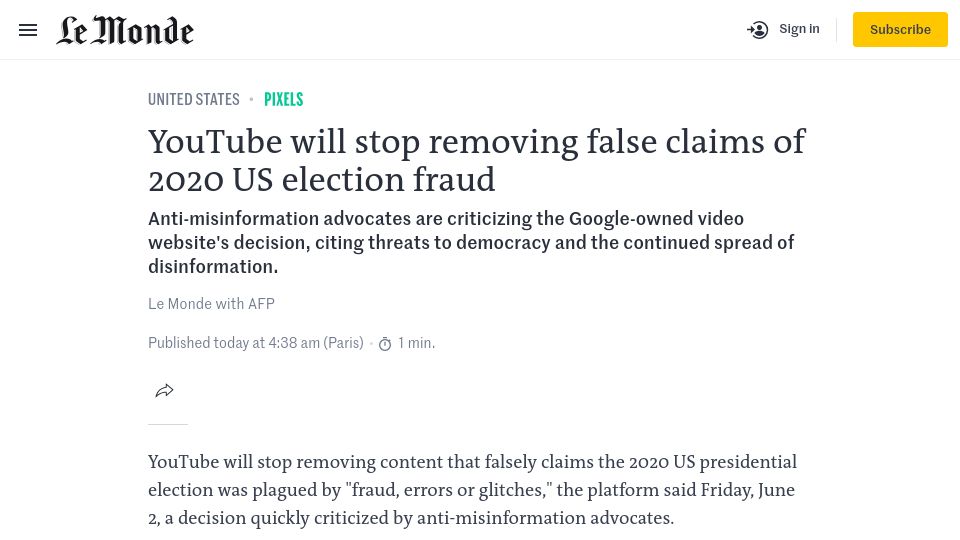 Screenshot of lemonde.fr: YouTube will stop removing false claims of 2020 US election fraud