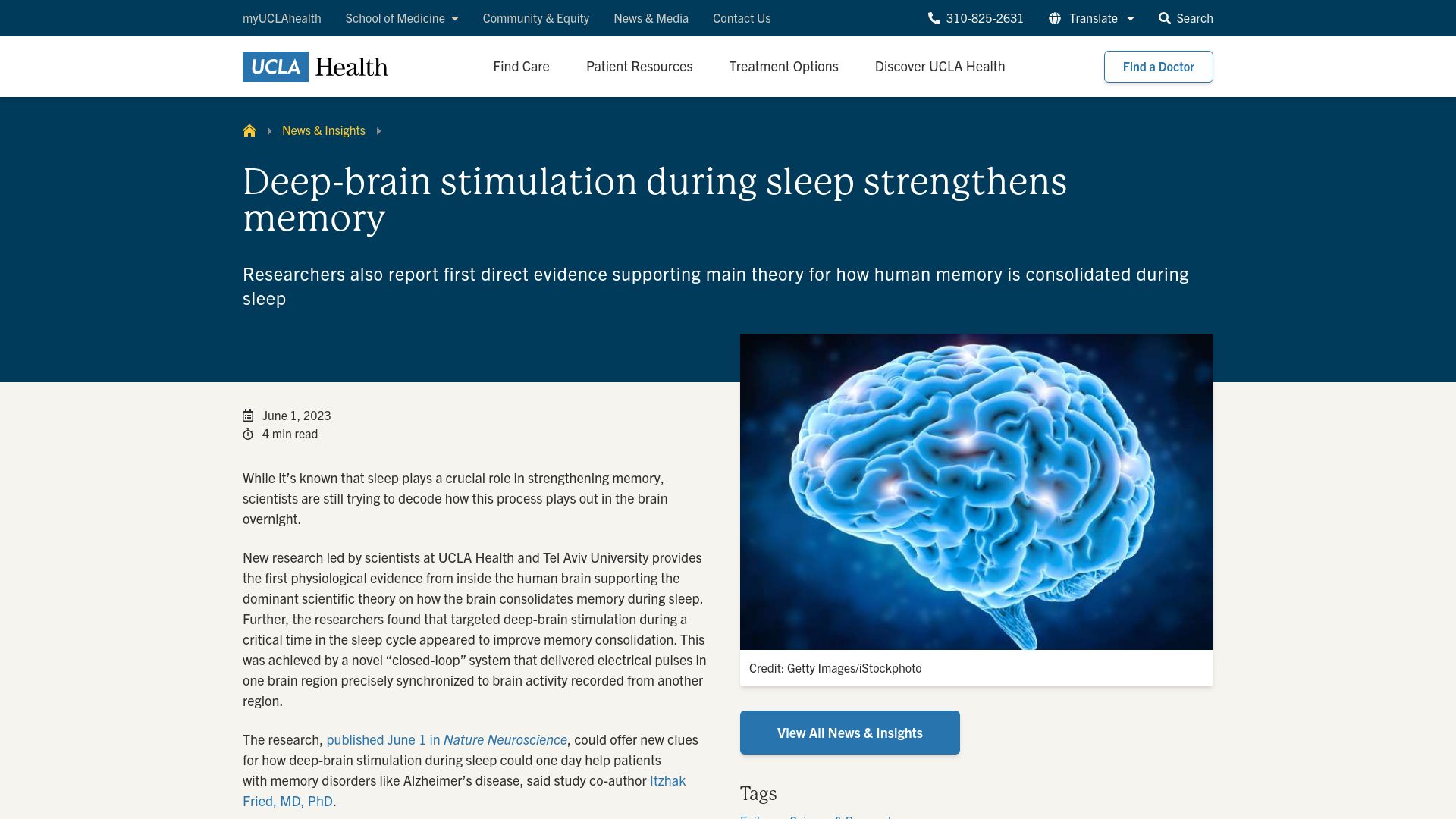Screenshot of uclahealth.org: Deep-brain stimulation during sleep strengthens memory: study