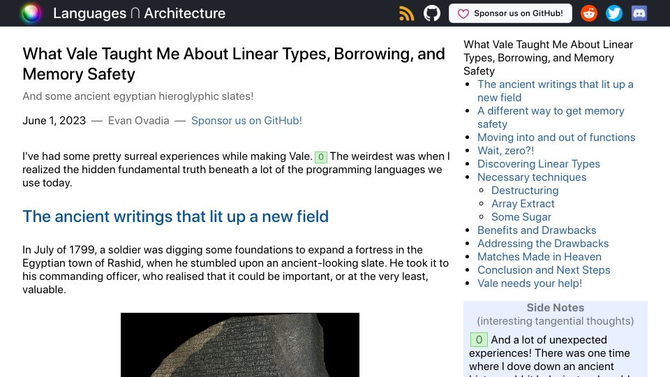 Screenshot of verdagon.dev: What Vale taught me about linear types, borrowing, and memory safety