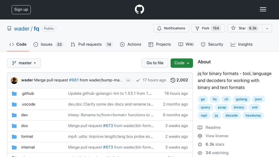 Screenshot of github.com: Fq: Jq for Binary Formats