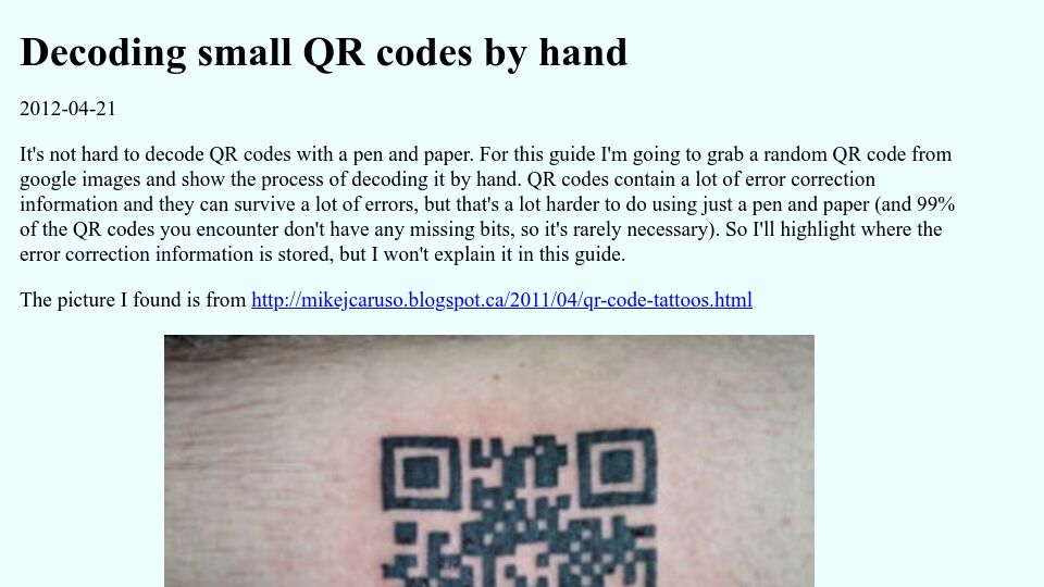 Screenshot of blog.qartis.com: Decoding small QR codes by hand (2012)