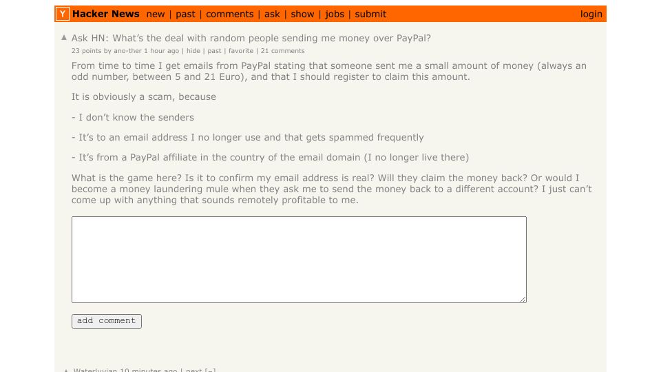 Screenshot of Hacker News post: Ask HN: What’s the deal with random people sending me money over PayPal?