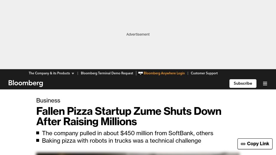 Screenshot of bloomberg.com: Fallen Pizza Startup Zume Shuts Down After Raising Millions