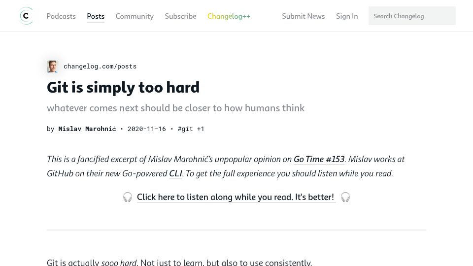 Screenshot of changelog.com: Git is simply too hard