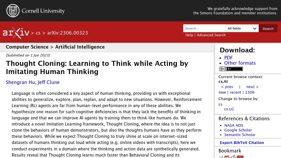 Screenshot of arxiv.org: Thought Cloning: Learning to think while acting by imitating human thinking