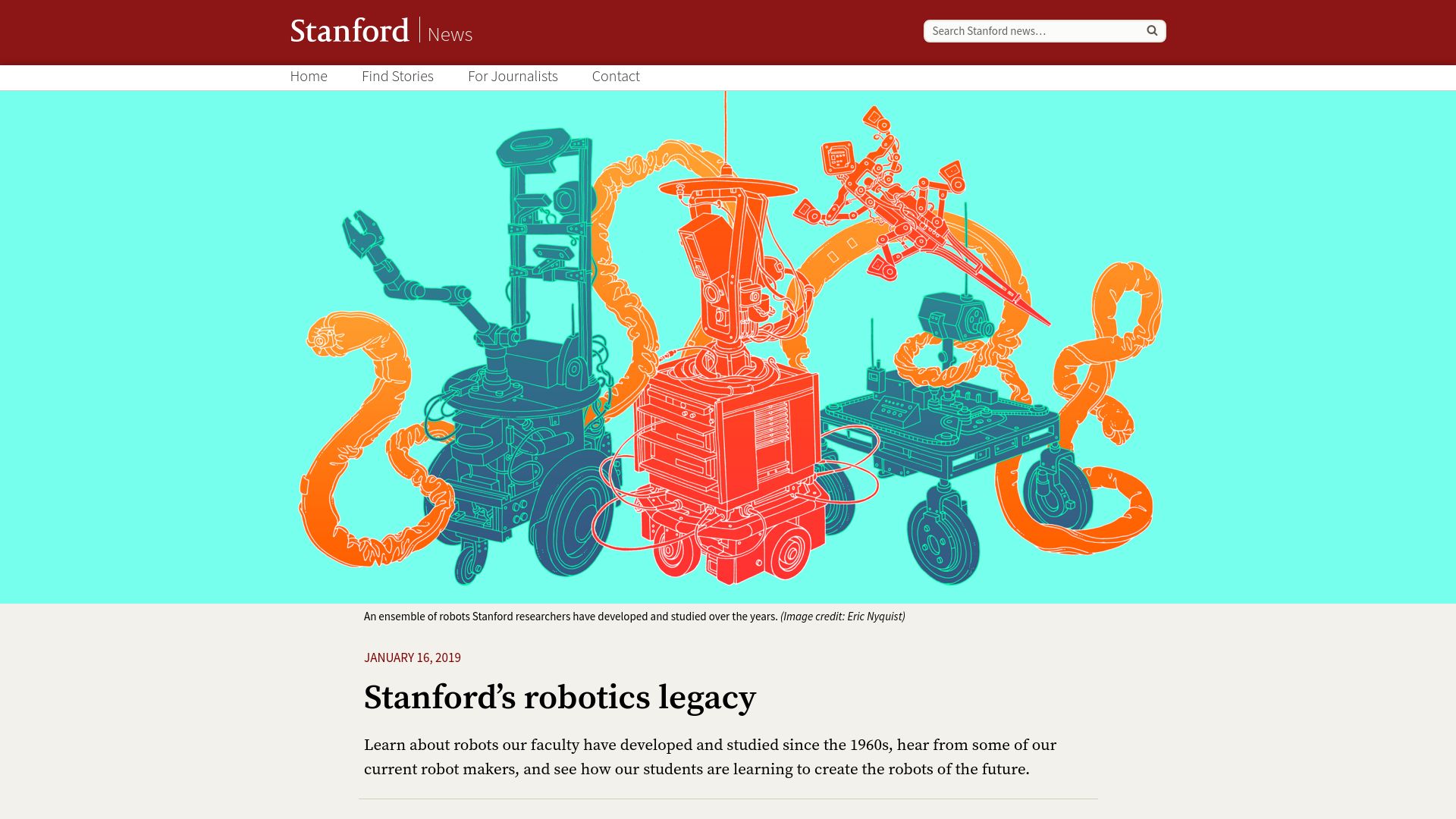 Screenshot of news.stanford.edu: Stanford’s Robotics Legacy (2019)