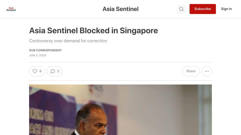 Screenshot of asiasentinel.com: Asia Sentinel Blocked in Singapore