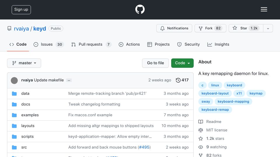 Screenshot of github.com: Keyd: Linux Key Remapper