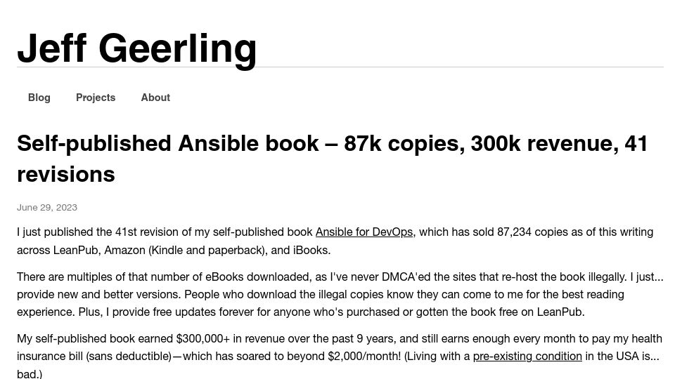 Screenshot of jeffgeerling.com: Self-published Ansible book – 87k copies, 300k revenue, 41 revisions