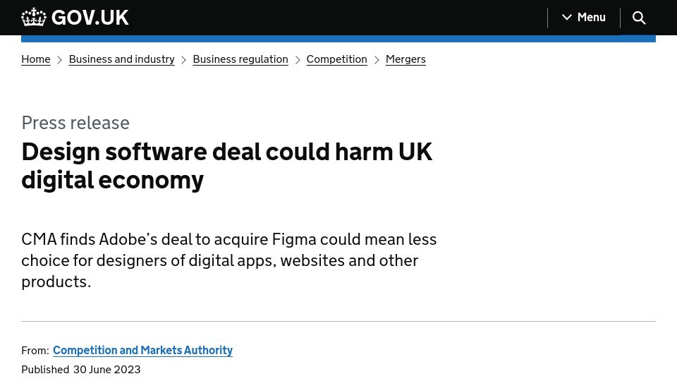 Screenshot of gov.uk: UK competition regulator finds Adobe’s purchase of Figma could reduce innovation