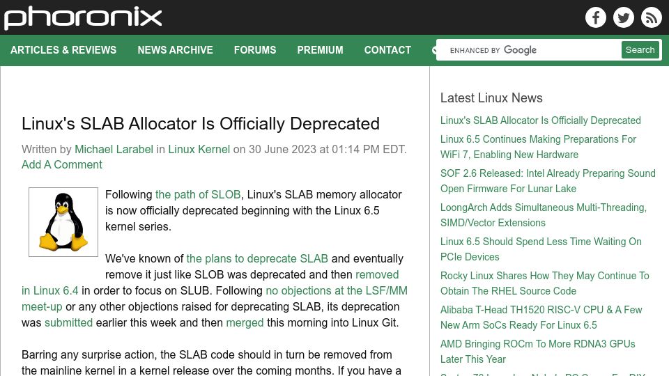 Screenshot of phoronix.com: Linux's Slab Allocator Is Officially Deprecated