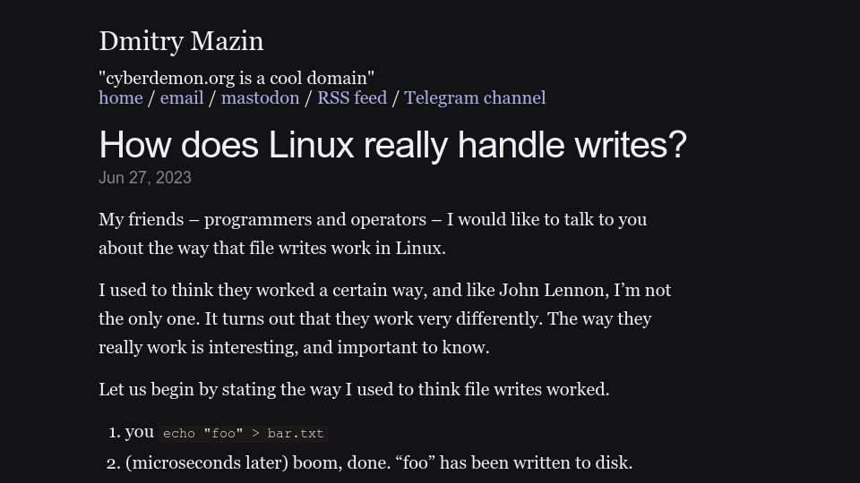 Screenshot of cyberdemon.org: How does Linux handle writes?