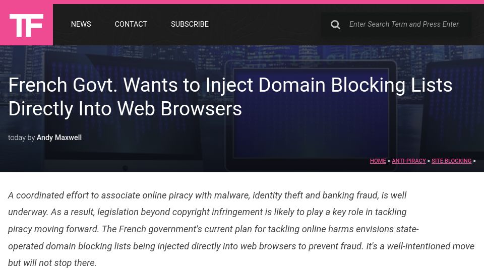Screenshot of torrentfreak.com: French Gov Wants to Inject Domain Blocking Lists Directly into Web Browsers