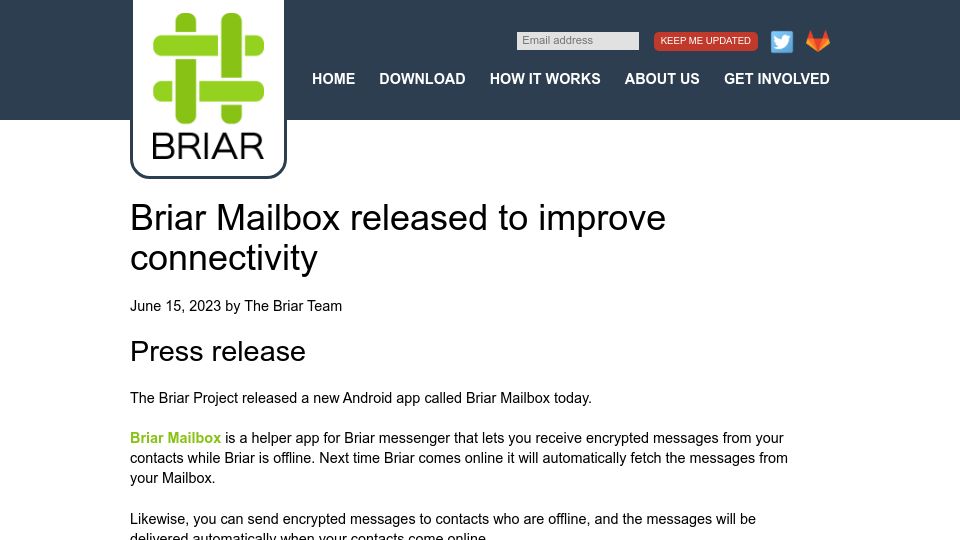 Screenshot of briarproject.org: Briar Mailbox released to improve connectivity