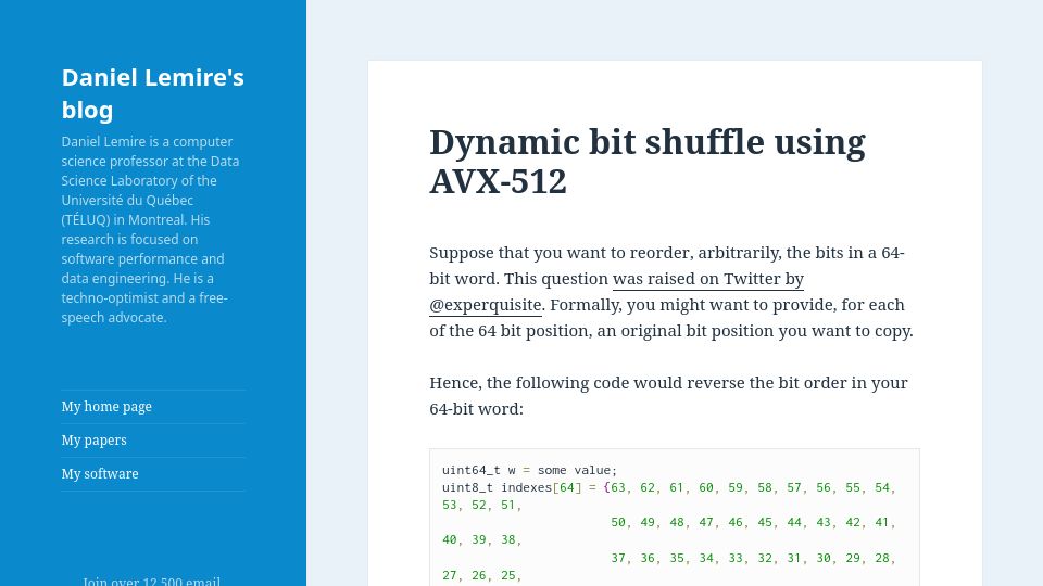 Screenshot of lemire.me: Dynamic bit shuffle using AVX-512