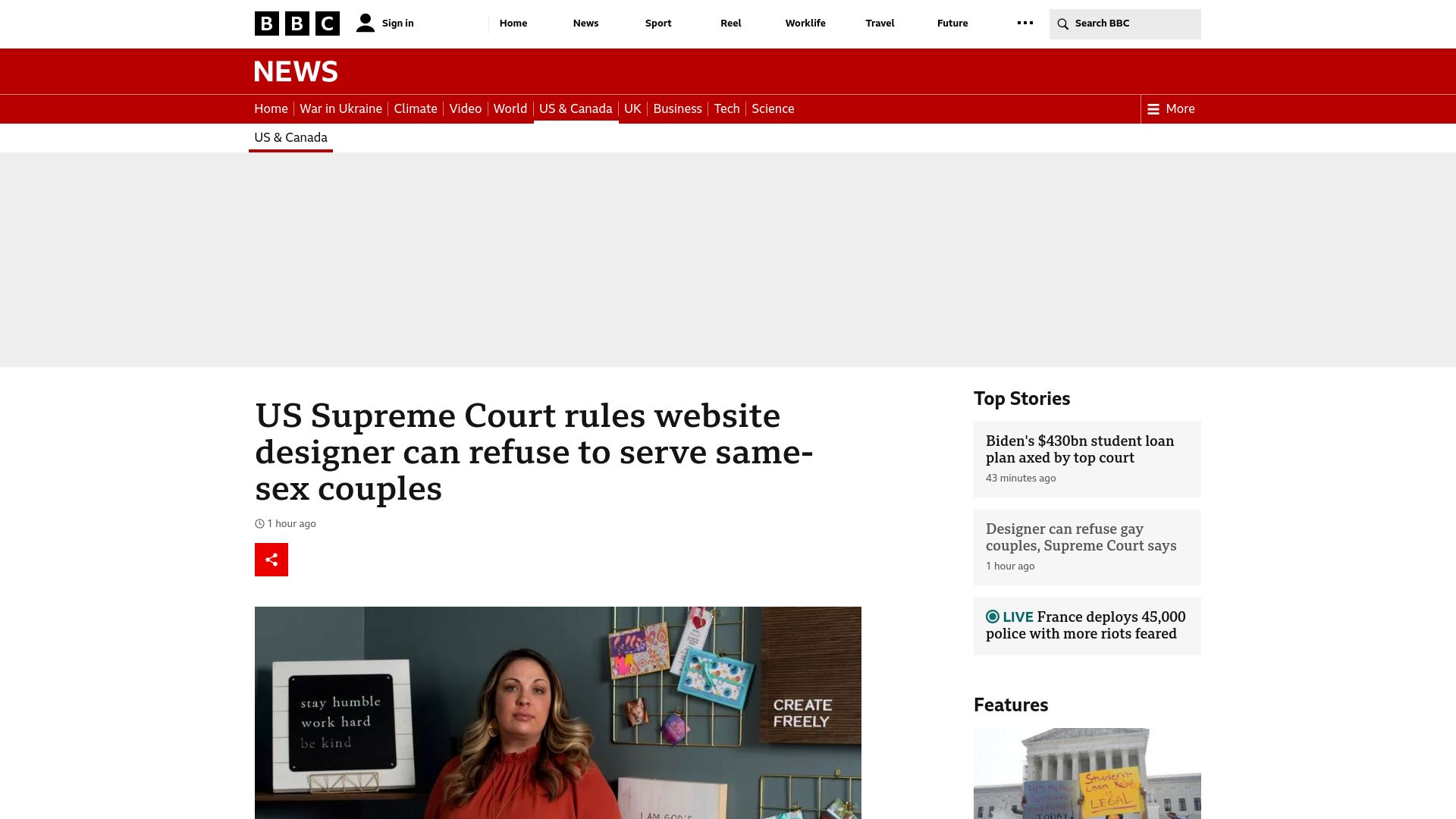 Screenshot of bbc.com: US Supreme Court rules website designer can refuse to serve same-sex couples