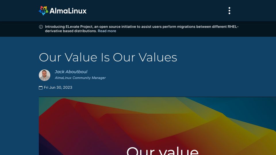Screenshot of almalinux.org: AlmaLinux – Our Value Is Our Values