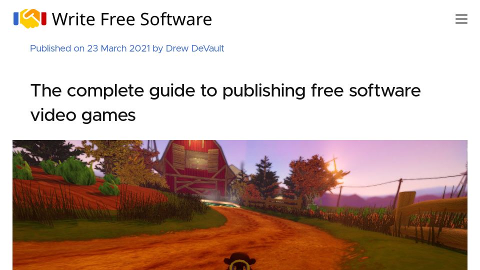 Screenshot of writefreesoftware.org: Publishing free software video games