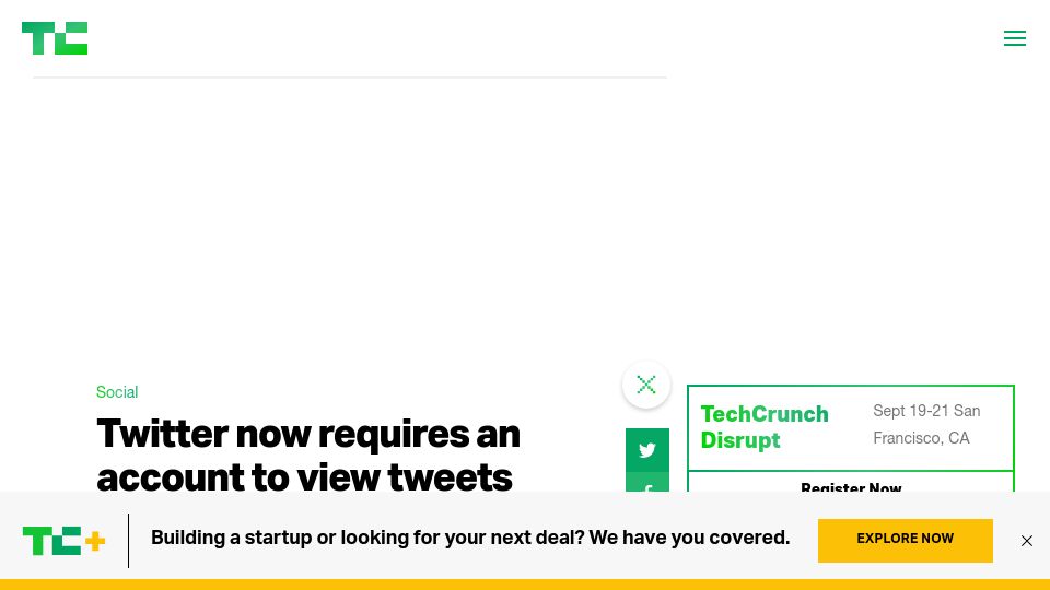 Screenshot of techcrunch.com: Twitter now requires an account to view tweets