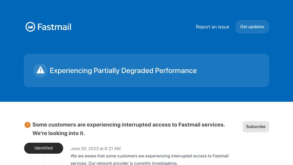 Screenshot of fastmailstatus.com: Fastmail Is Down